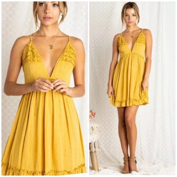 SOLD OUT Mustard Swiss Polka Dot Ruffle V-Neck Mini Dress - Picture 1 of 6